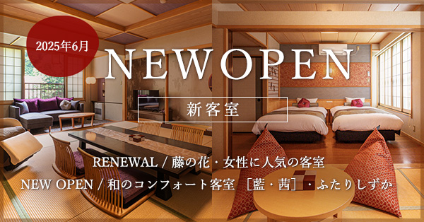 NEWOPEN 新客室 RENEWAL / 藤の花・女性に人気の客室 NEW OPEN / 和のコンフォート客室 ［藍・茜］・ふたりしずか